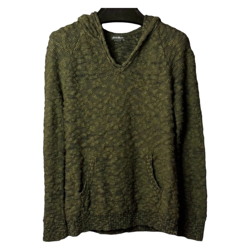 NEW Eddie Bauer Westbridge Hooded Knit Sweater V-Neck Olive Green Size Medium